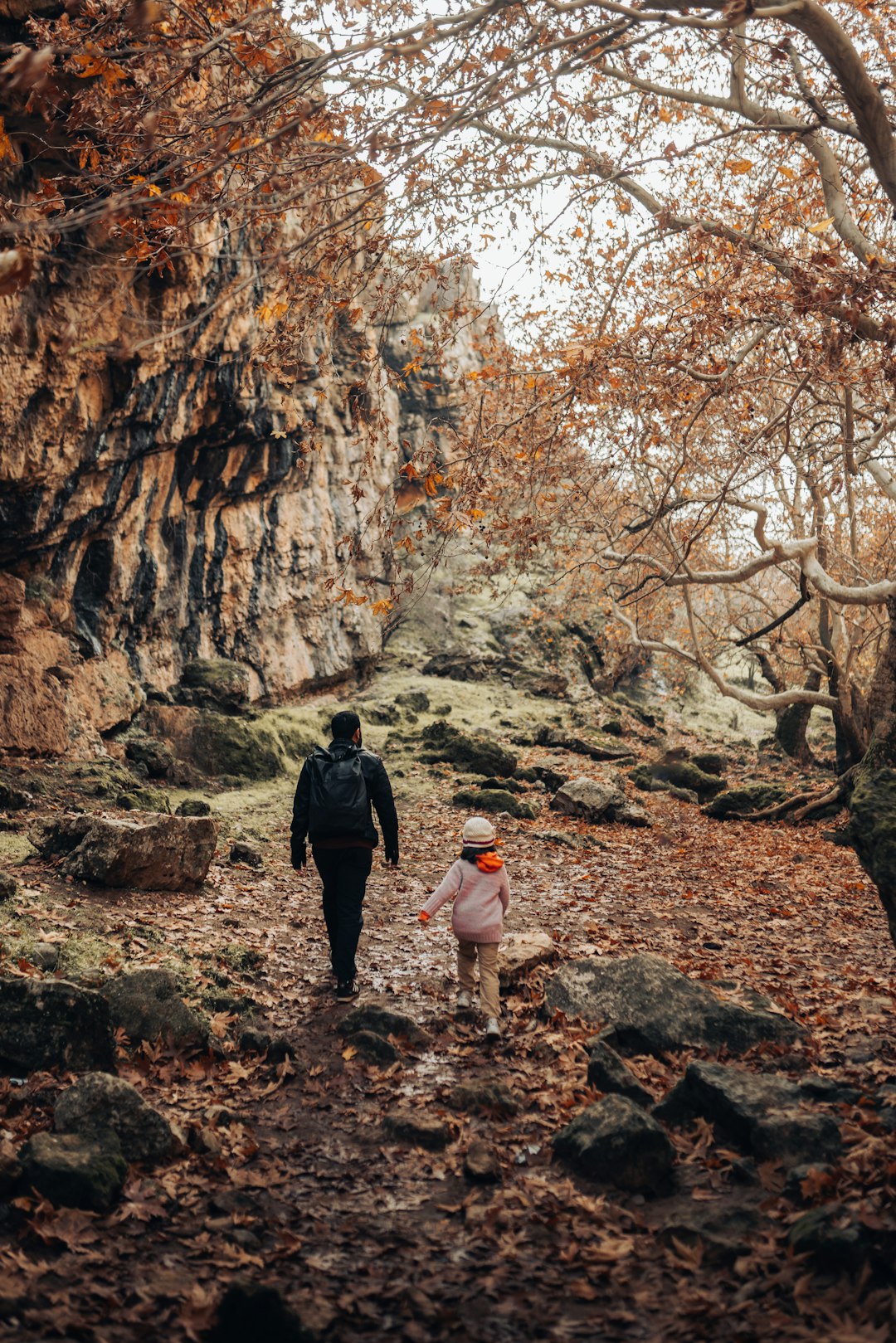 a man and a child walking through a forest unlocking their happiness hormones