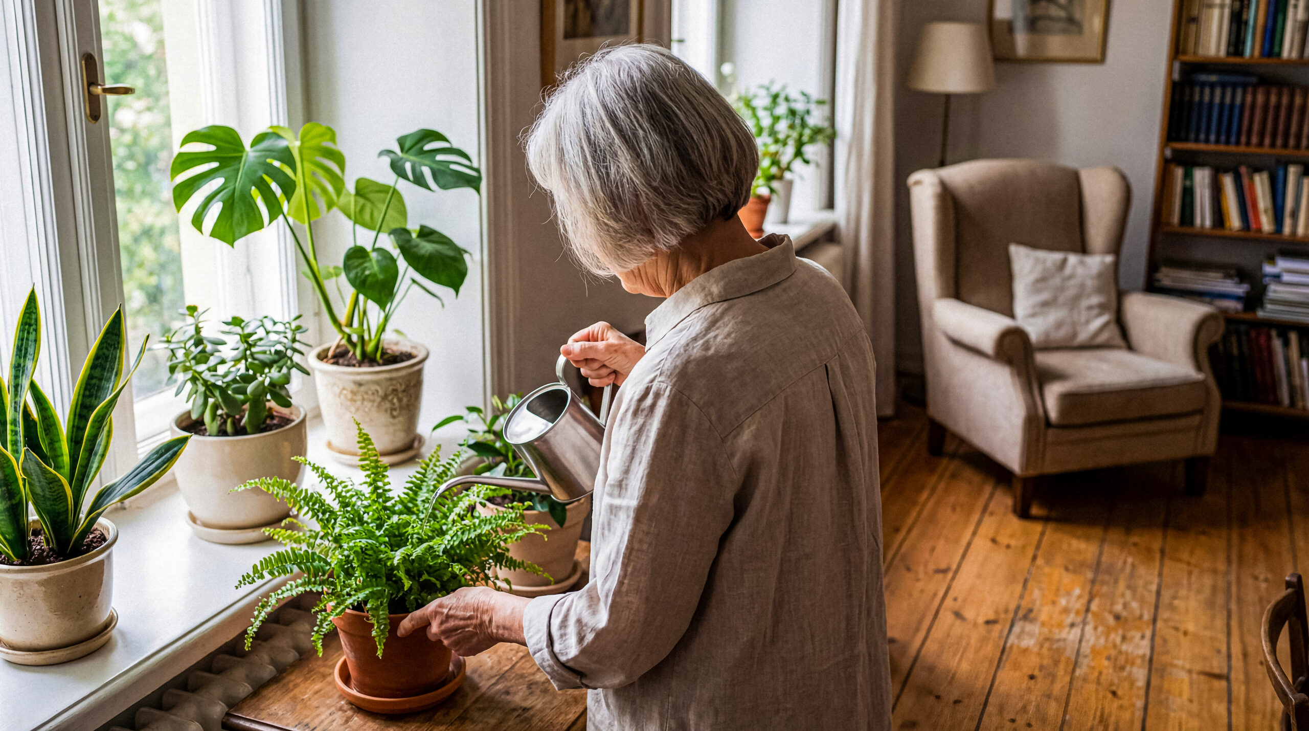 Elderly woman with gray hair watering green potted plants on a bright windowsill in a cozy living room.