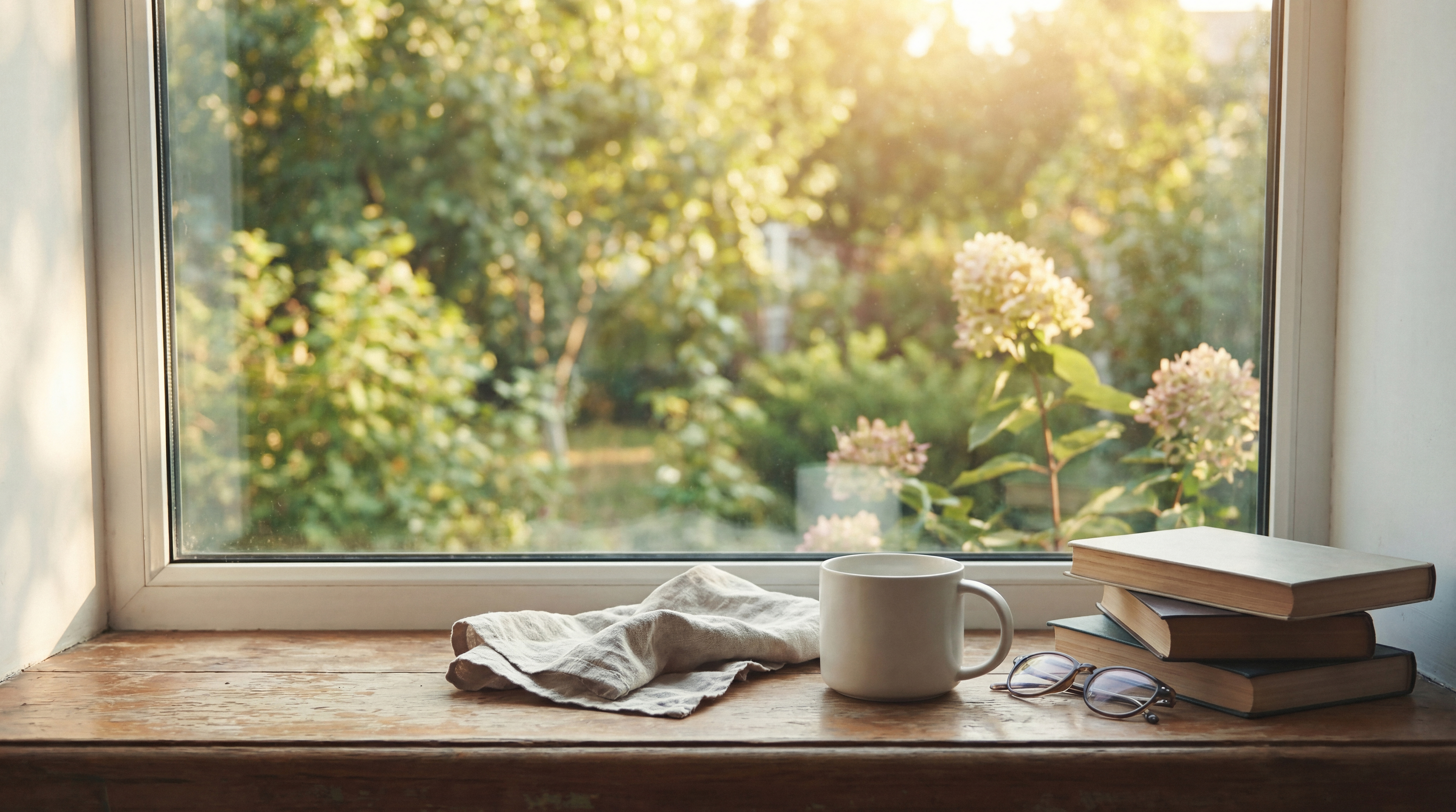 Cozy window sill scene with books, reading glasses, coffee mug, and linen cloth, overlooking a sunlit garden.